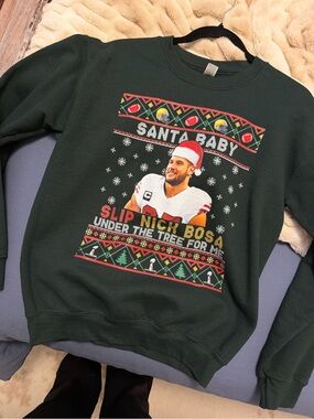 Dark Green Holiday Graphic Crewneck Sweater - Santa Baby Nick Bosa NFL 49ers